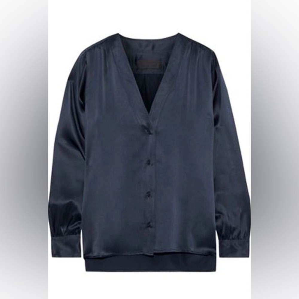 Nili Lotan Elsie Silk Satin Blouse in Navy, Size Medium